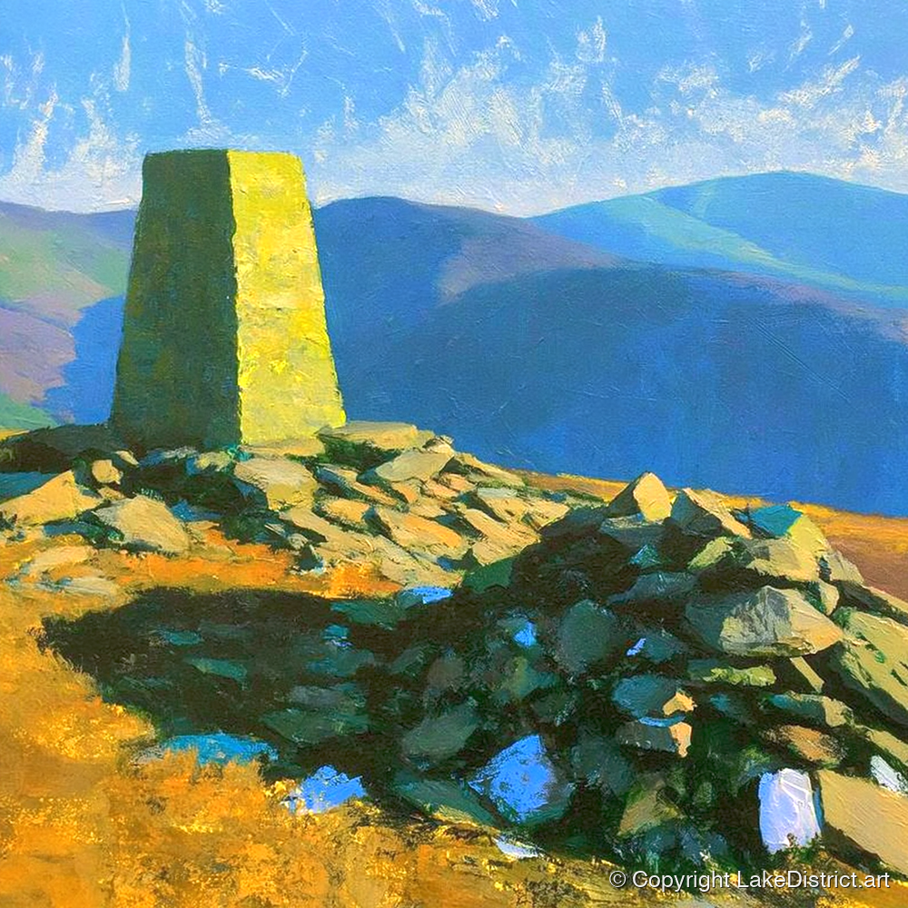 Sunlit Binsey Summit Trig Pillar - lake district fell art print and canvas by Daphne Morley A.I