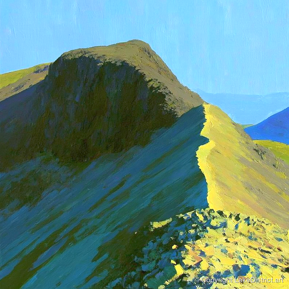 Sunlit Bowfell Ridge Path - lake district fell art print and canvas by Daphne Morley A.I