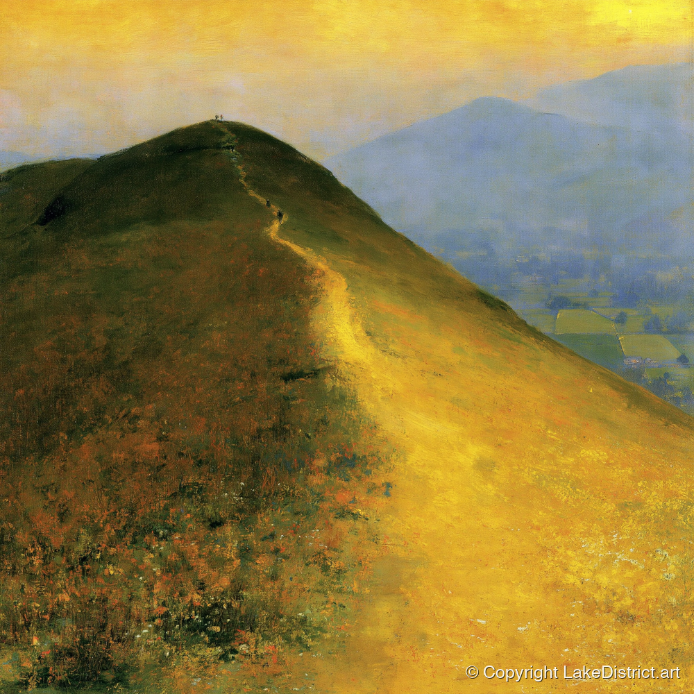 Sunlit Bracken on Catbells Ridge - lake district fell art print and canvas by Harrison Blythe A.I