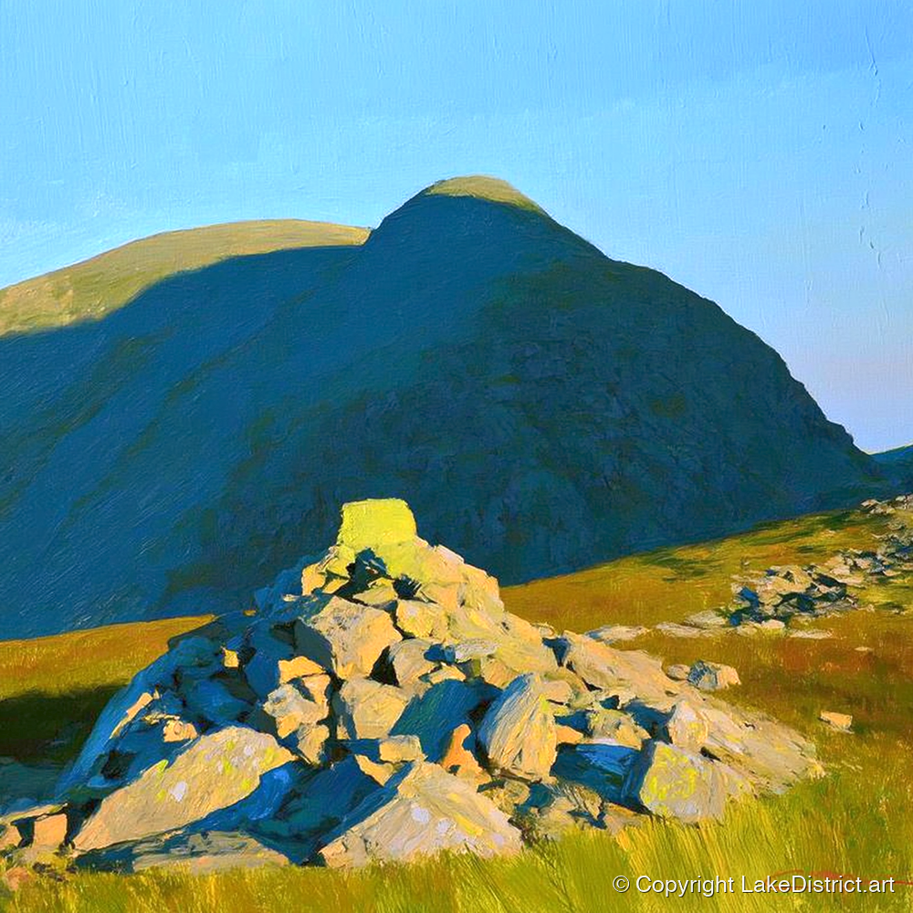 Sunlit Cairn Below Brandreth Peak - lake district fell art print and canvas by Daphne Morley A.I