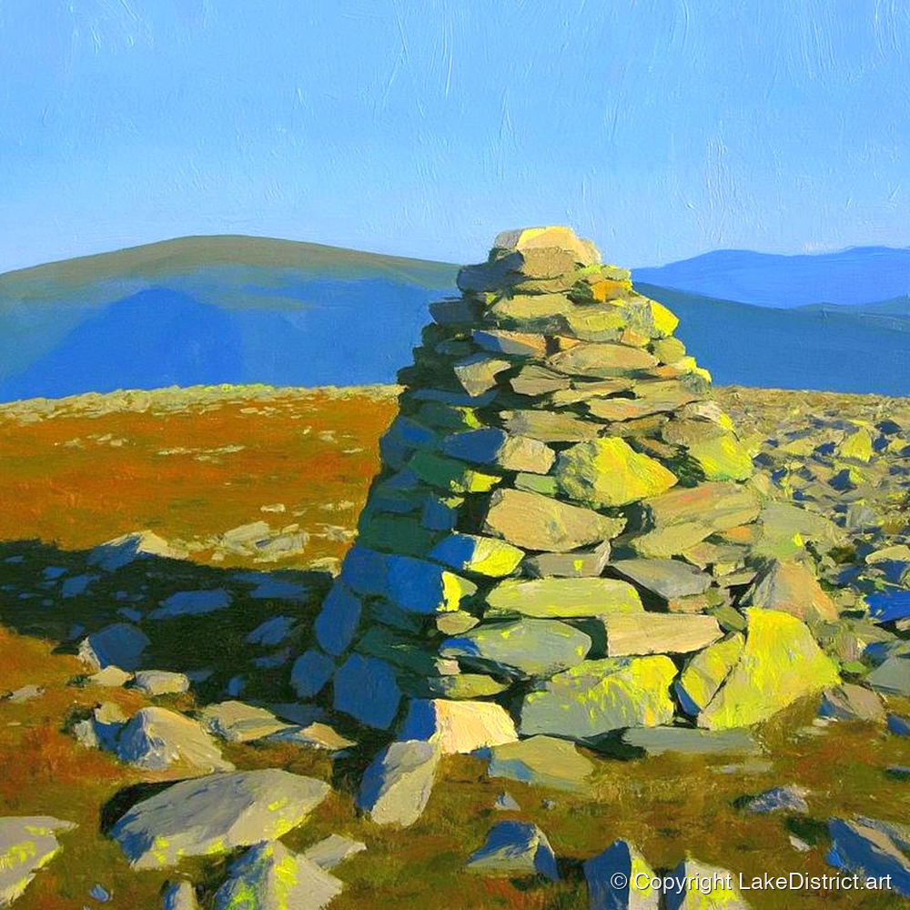 Sunlit Cairn on Brim Fell - lake district fell art print and canvas by Daphne Morley A.I