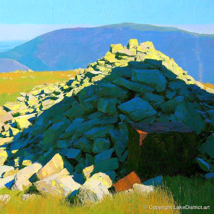 Sunlit Cairn on Grike Summit - lake district fell art print and canvas by Daphne Morley A.I