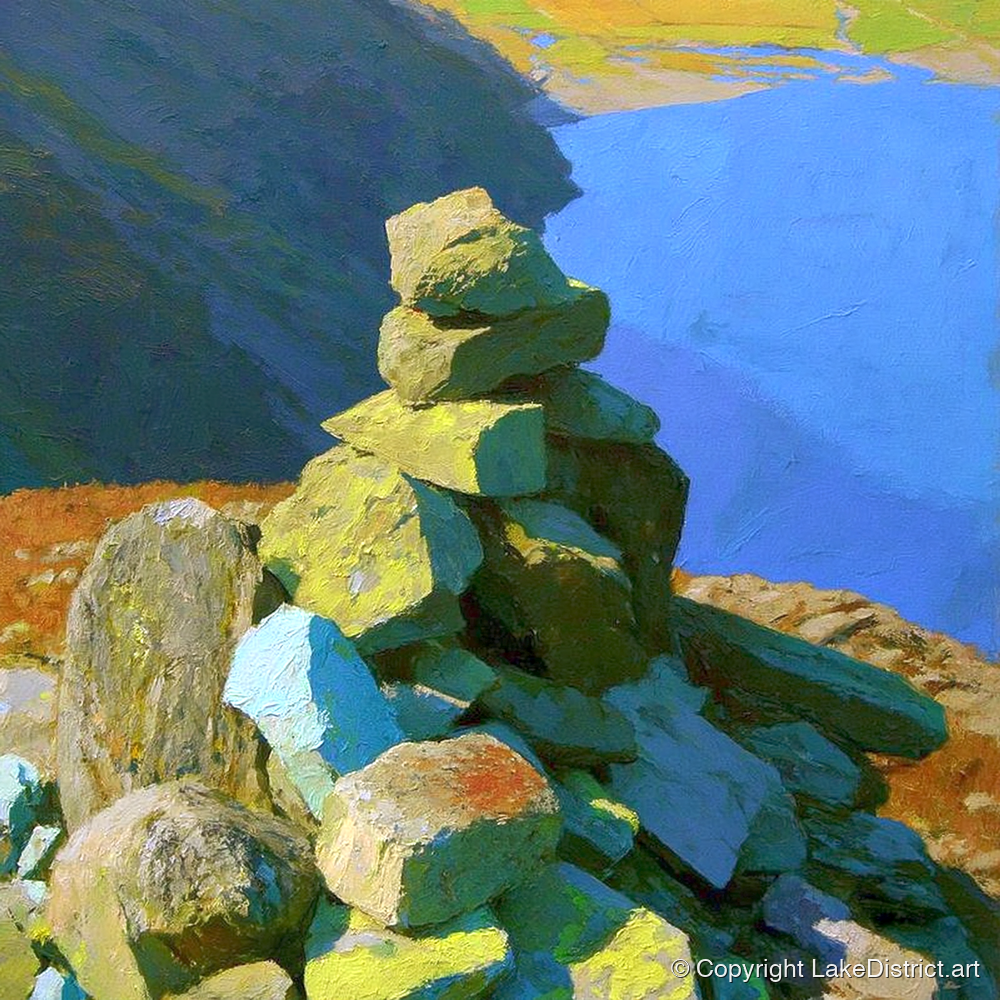 Sunlit Calf Crag Stone Cairn - lake district fell art print and canvas by Daphne Morley A.I