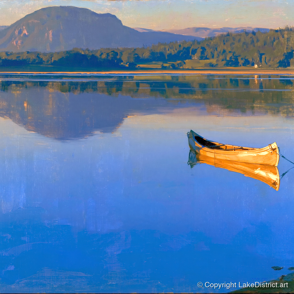 Sunlit Canoe on Lake Windermere - lake district lake art print and canvas by Percival Kent A.I