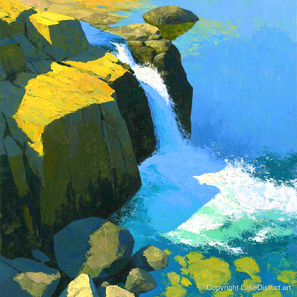 Sunlit Cascade over High Fell Rocks - lake district waterfall art print and canvas by Daphne Morley A.I