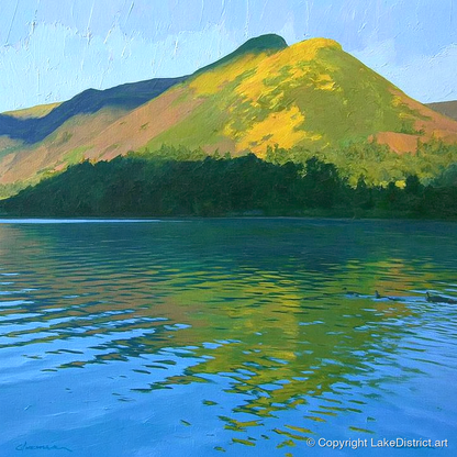 Sunlit Cat Bells Over Water - lake district fell art print and canvas by Daphne Morley A.I