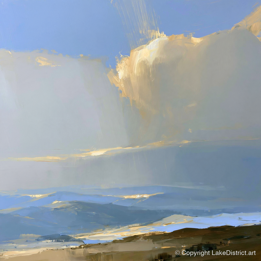 Sunlit Cloud Over Rolling Fells - lake district fell art print and canvas by Elias Thorne A.I