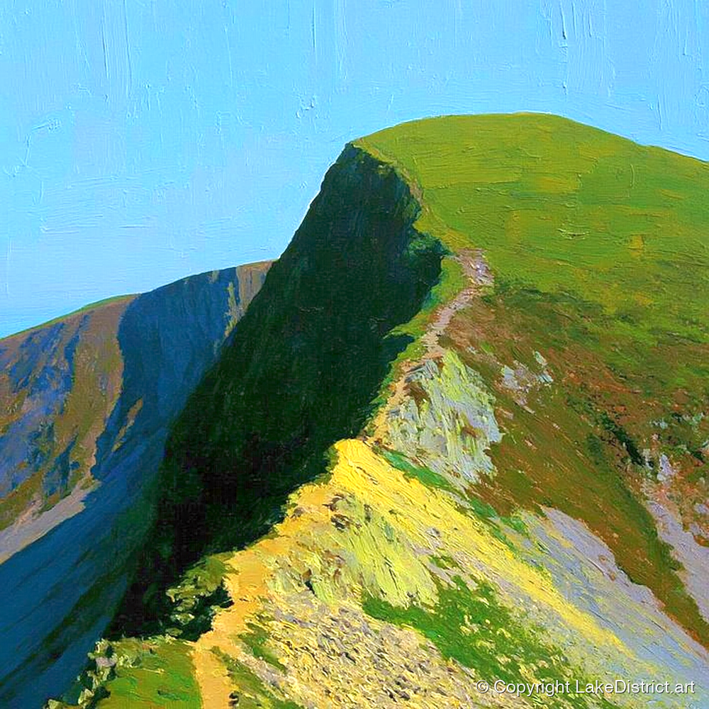 Sunlit Crag Hill Ridge Path - lake district fell art print and canvas by Daphne Morley A.I
