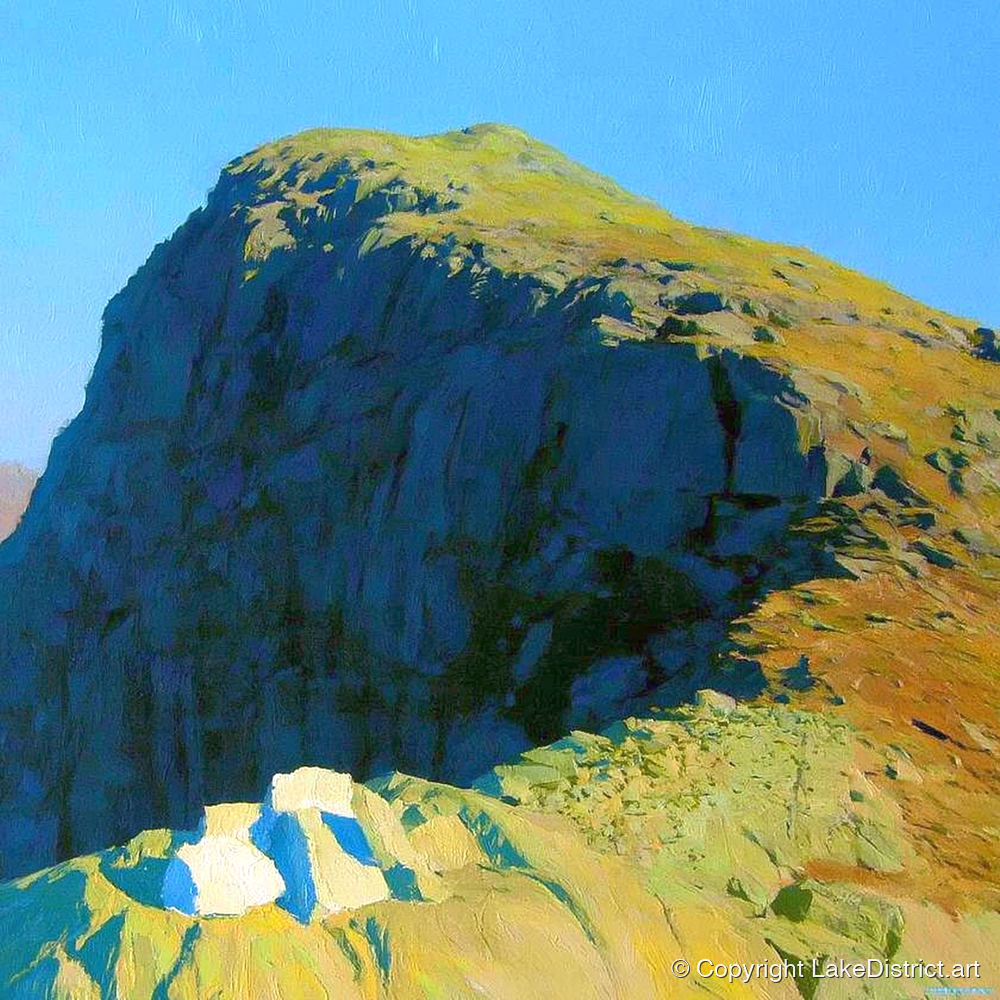 Sunlit Crags of Harrison Stickle - lake district fell art print and canvas by Daphne Morley A.I
