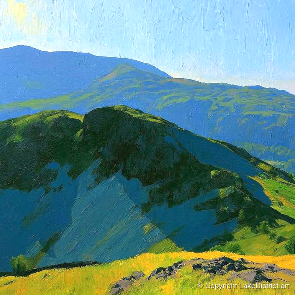 Sunlit Crags of Holme Fell - lake district fell art print and canvas by Daphne Morley A.I
