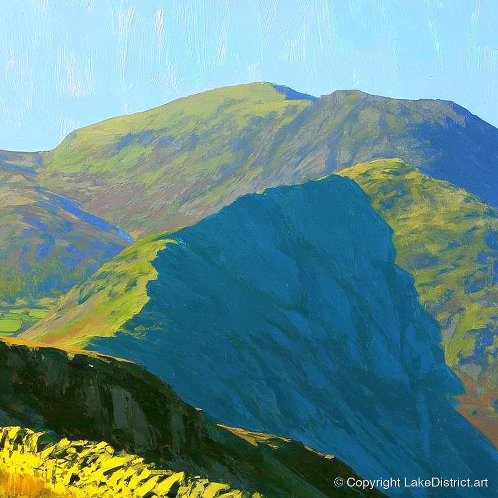 Sunlit Crags of Wetherlam Ridge - lake district fell art print and canvas by Daphne Morley A.I