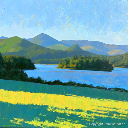 Sunlit Derwentwater From Crow Park - lake district village art print and canvas by Daphne Morley A.I