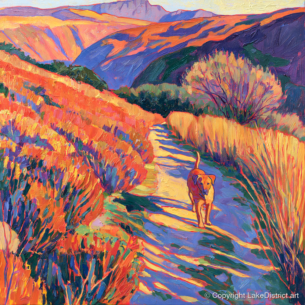Sunlit Dog Path Near Patterdale - gifts for dog walkers art print and canvas by Celia Harding A.I
