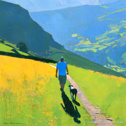 Sunlit Dog Walk Above Patterdale - gifts for dog walkers art print and canvas by Daphne Morley A.I