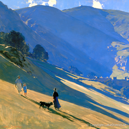 Sunlit Dog Walk at Patterdale - gifts for dog walkers art print and canvas by Percival Kent A.I