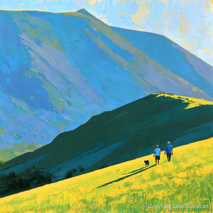 Sunlit Dog Walk Below Blencathra - gifts for dog walkers art print and canvas by Daphne Morley A.I