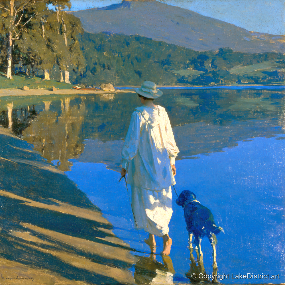 Sunlit Dog Walk Coniston Water - gifts for dog walkers art print and canvas by Percival Kent A.I