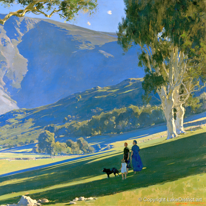 Sunlit Dog Walk in Patterdale - gifts for dog walkers art print and canvas by Percival Kent A.I
