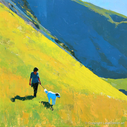 Sunlit Dog Walk on Helvellyn - gifts for dog walkers art print and canvas by Daphne Morley A.I