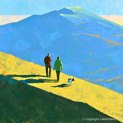Sunlit Dog Walk on Skiddaw - gifts for dog walkers art print and canvas by Daphne Morley A.I