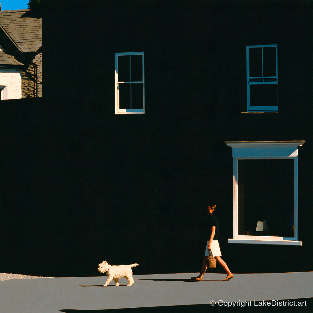 Sunlit Dog Walker in Ambleside - gifts for dog walkers art print and canvas by Adelaide Calloway A.I