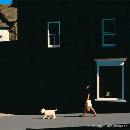 Sunlit Dog Walker in Ambleside - gifts for dog walkers art print and canvas by Adelaide Calloway A.I
