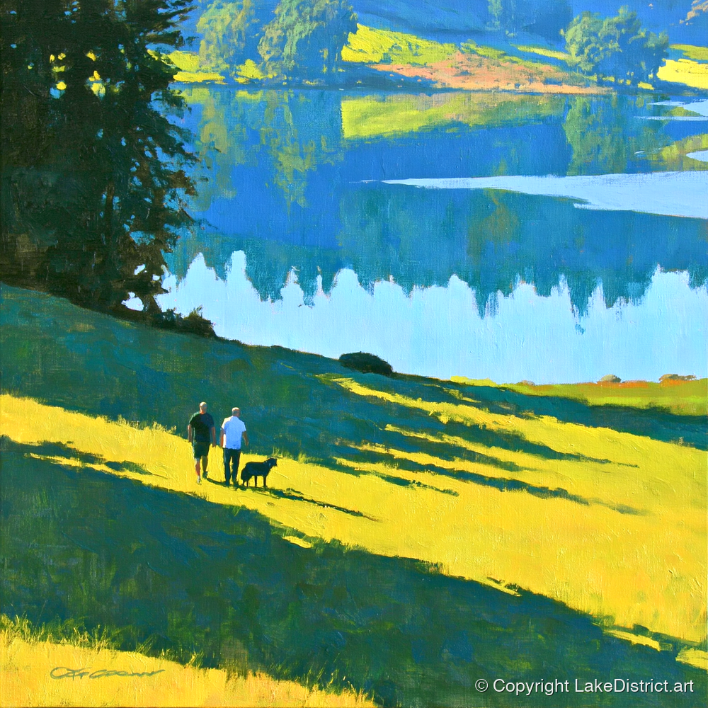 Sunlit Dog Walkers at Tarn Hows - gifts for dog walkers art print and canvas by Daphne Morley A.I