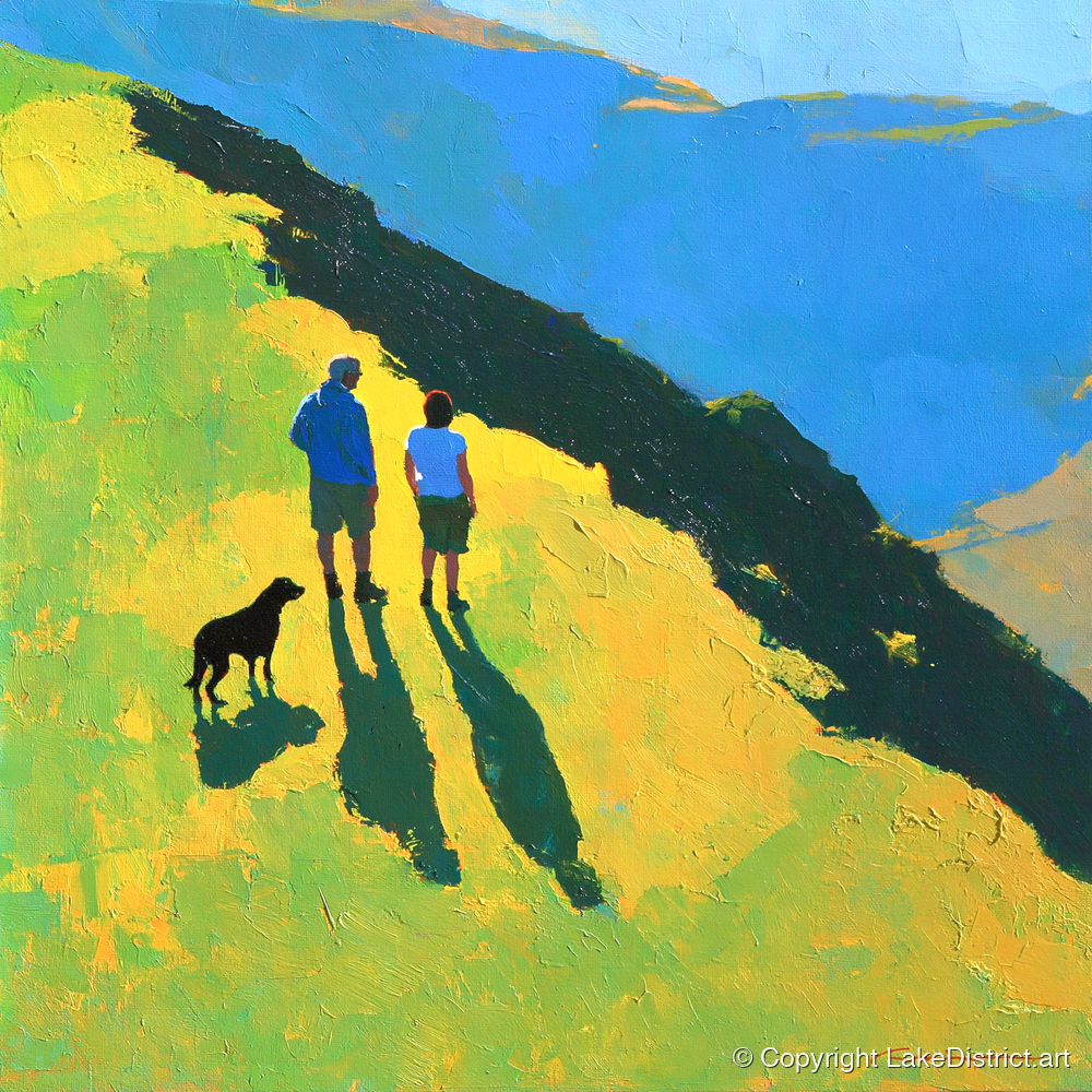 Sunlit Dog Walkers on Blencathra - gifts for dog walkers art print and canvas by Daphne Morley A.I
