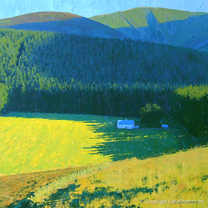 Sunlit Farm Under Whinlatter Forest - lake district fell art print and canvas by Daphne Morley A.I