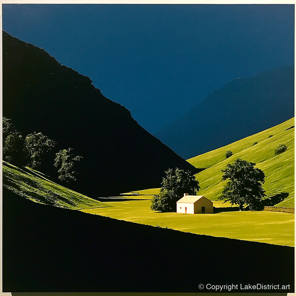 Sunlit Farmhouse in a Green Valley - lake district valley art print and canvas by Adelaide Calloway A.I