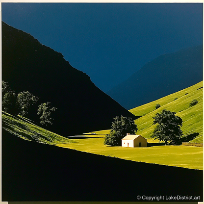Sunlit Farmhouse in a Green Valley - lake district valley art print and canvas by Adelaide Calloway A.I