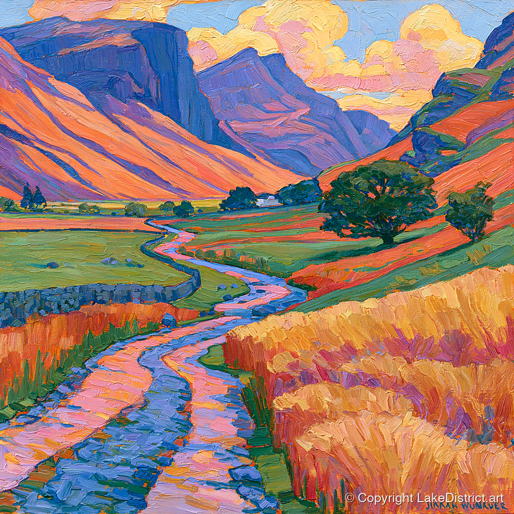 Sunlit Fell Side and Winding Beck - lake district valley art print and canvas by Celia Harding A.I