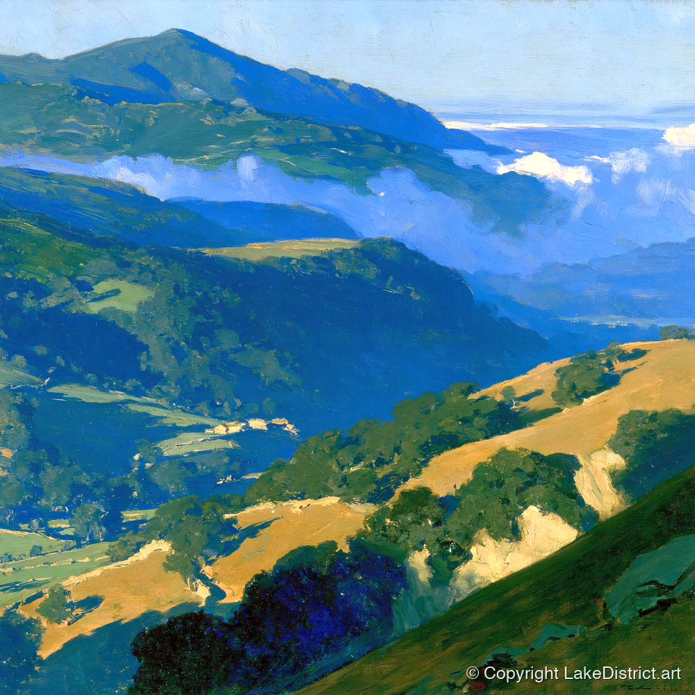 Sunlit Fells and Valley Mist - lake district sky art print and canvas by Percival Kent A.I