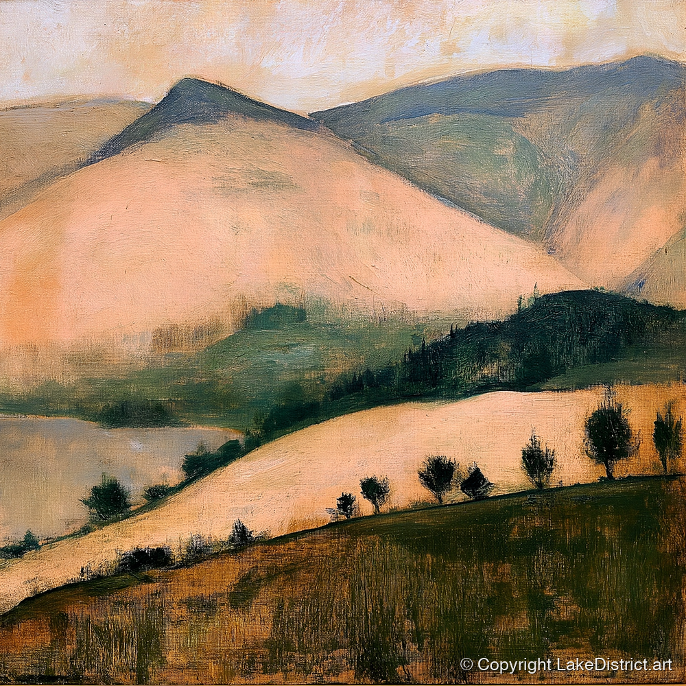 Sunlit Fells from the Summit - lake district fell art print and canvas by Arabella Knight A.I