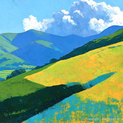 Sunlit Fells in Cerulean and Gold - lake district fell art print and canvas by Daphne Morley A.I