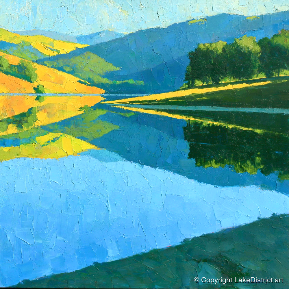 Sunlit Fells Mirrored in Blue Water - lake district lake art print and canvas by Daphne Morley A.I