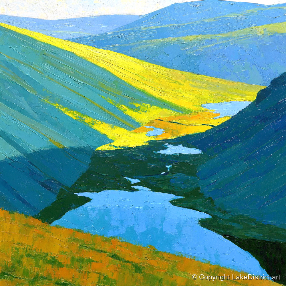 Sunlit Fells over Deep Blue Tarns - lake district fell art print and canvas by Daphne Morley A.I
