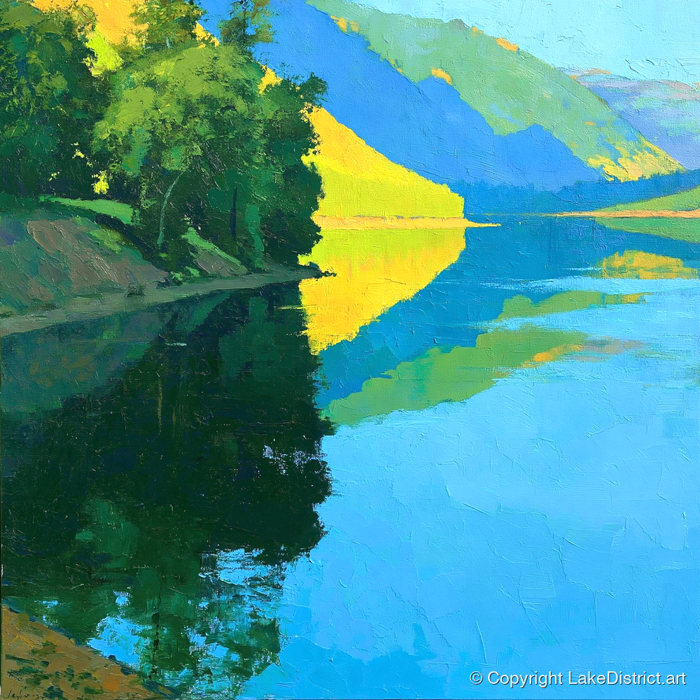 Sunlit Fells Reflecting in Cerulean Water - lake district lake art print and canvas by Daphne Morley A.I
