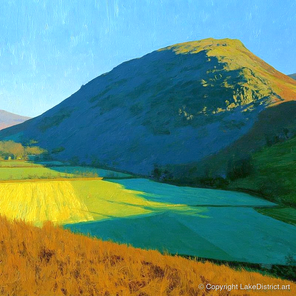 Sunlit Fields Below Low Fell - lake district fell art print and canvas by Daphne Morley A.I
