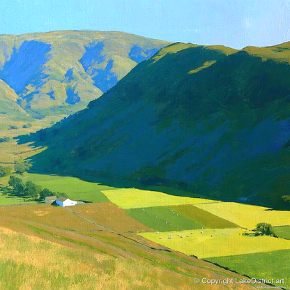 Sunlit Fields Below Steel Knotts - lake district fell art print and canvas by Daphne Morley A.I