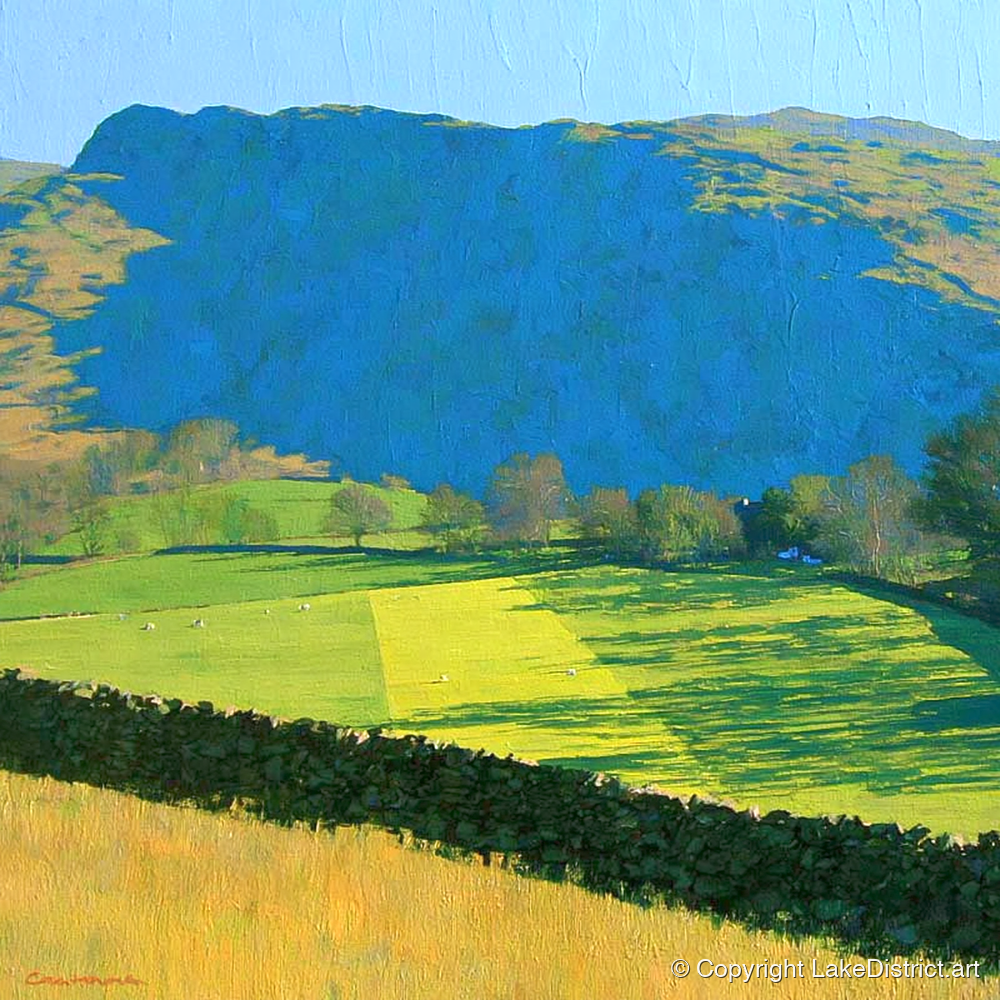 Sunlit Fields Below Troutbeck Tongue - lake district fell art print and canvas by Daphne Morley A.I