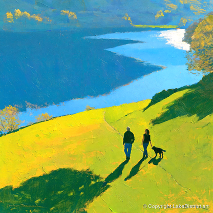 Sunlit Grasmere Dog Walk - gifts for dog walkers art print and canvas by Daphne Morley A.I