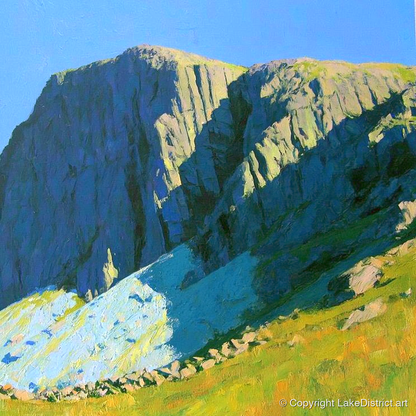 Sunlit Great End Rock Face - lake district fell art print and canvas by Daphne Morley A.I