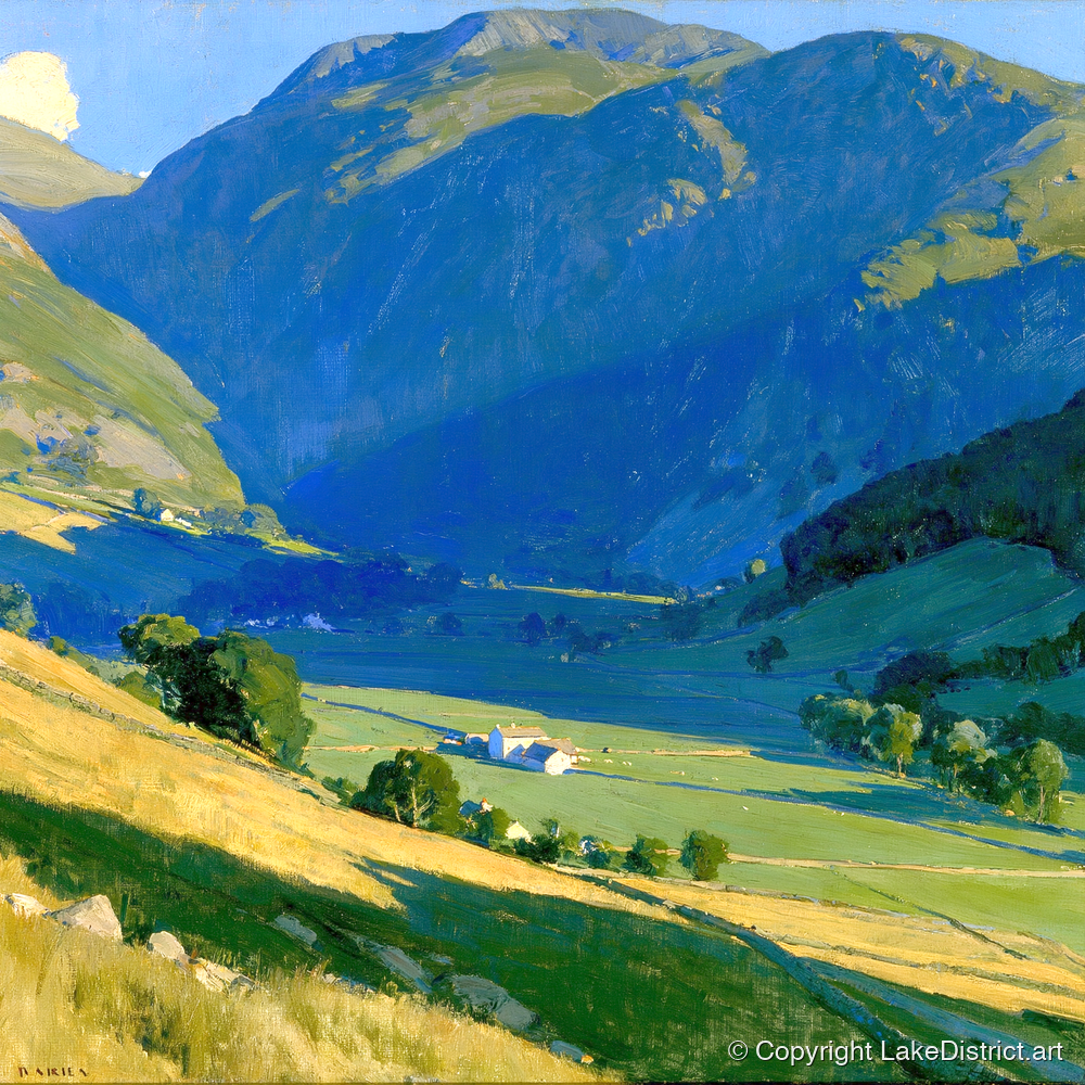 Sunlit Green Valley Between Fells - lake district valley art print and canvas by Percival Kent A.I