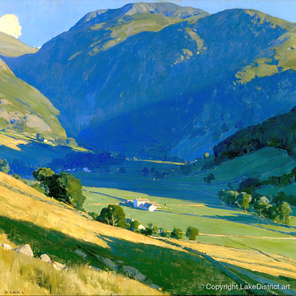 Sunlit Green Valley Between Fells - lake district valley art print and canvas by Percival Kent A.I
