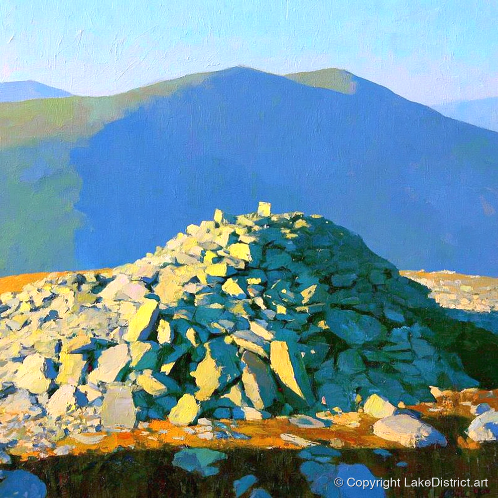 Sunlit Haycock Summit Cairn - lake district fell art print and canvas by Daphne Morley A.I