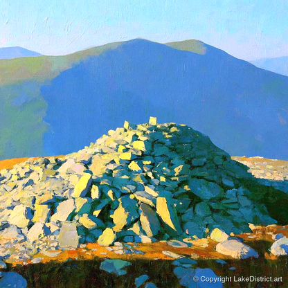 Sunlit Haycock Summit Cairn - lake district fell art print and canvas by Daphne Morley A.I