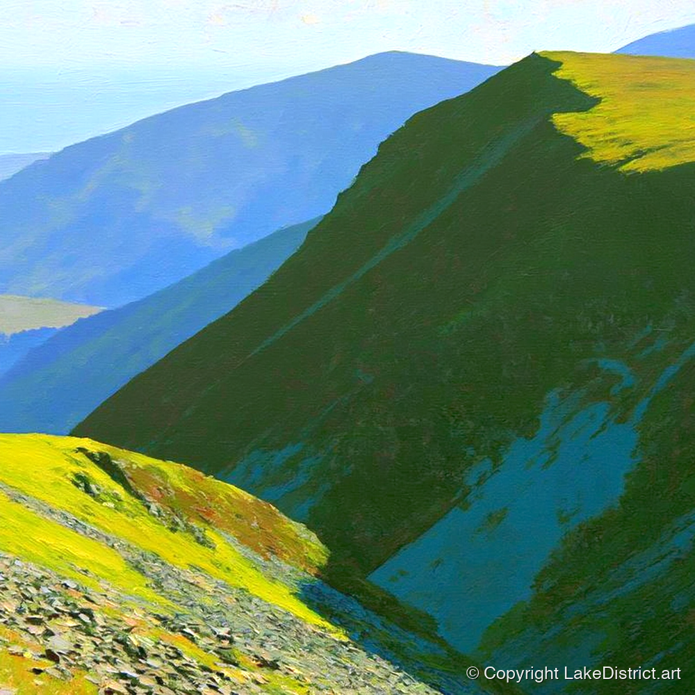 Sunlit Knott Rigg Ridge - lake district fell art print and canvas by Daphne Morley A.I