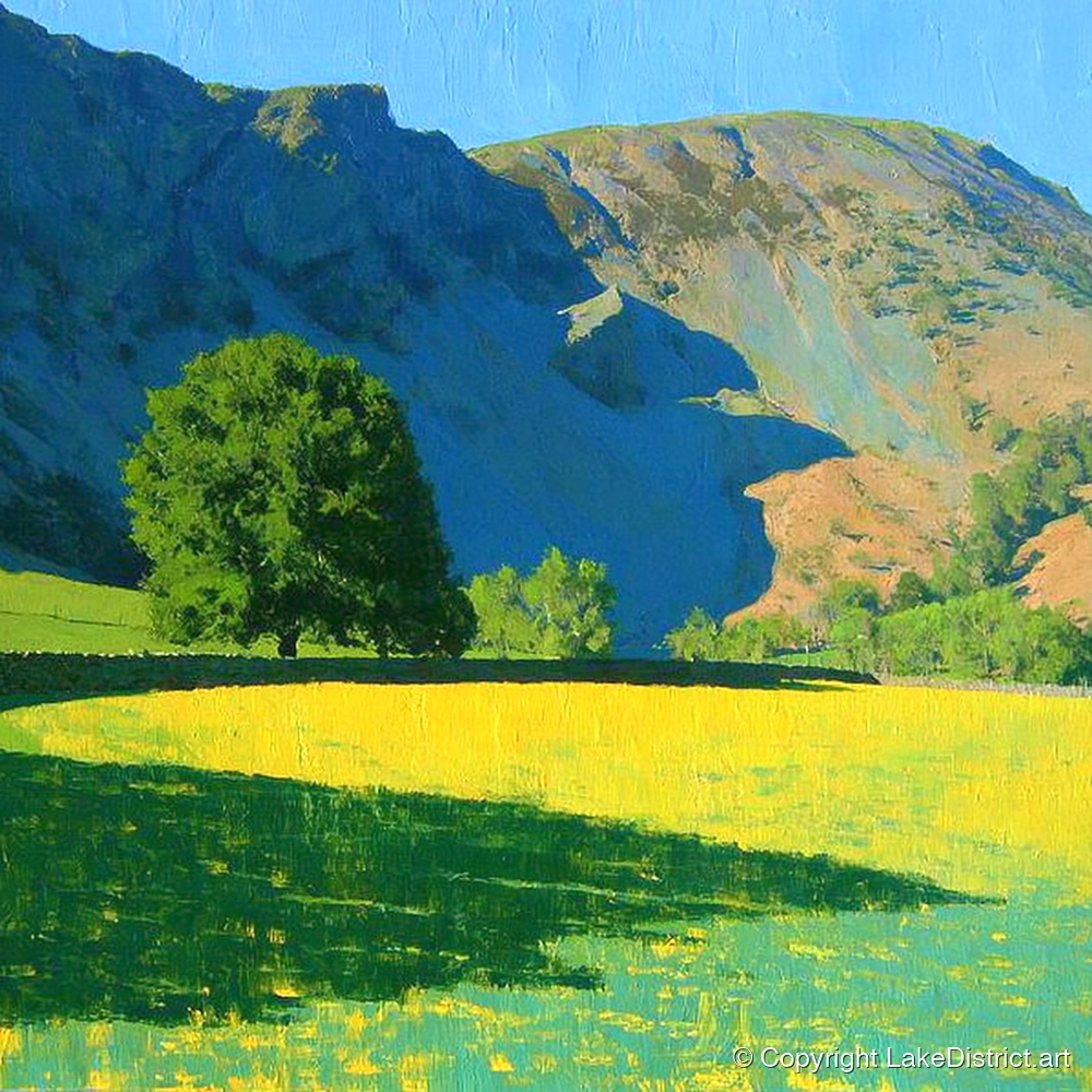 Sunlit Meadow Beneath Sheffield Pike - lake district fell art print and canvas by Daphne Morley A.I