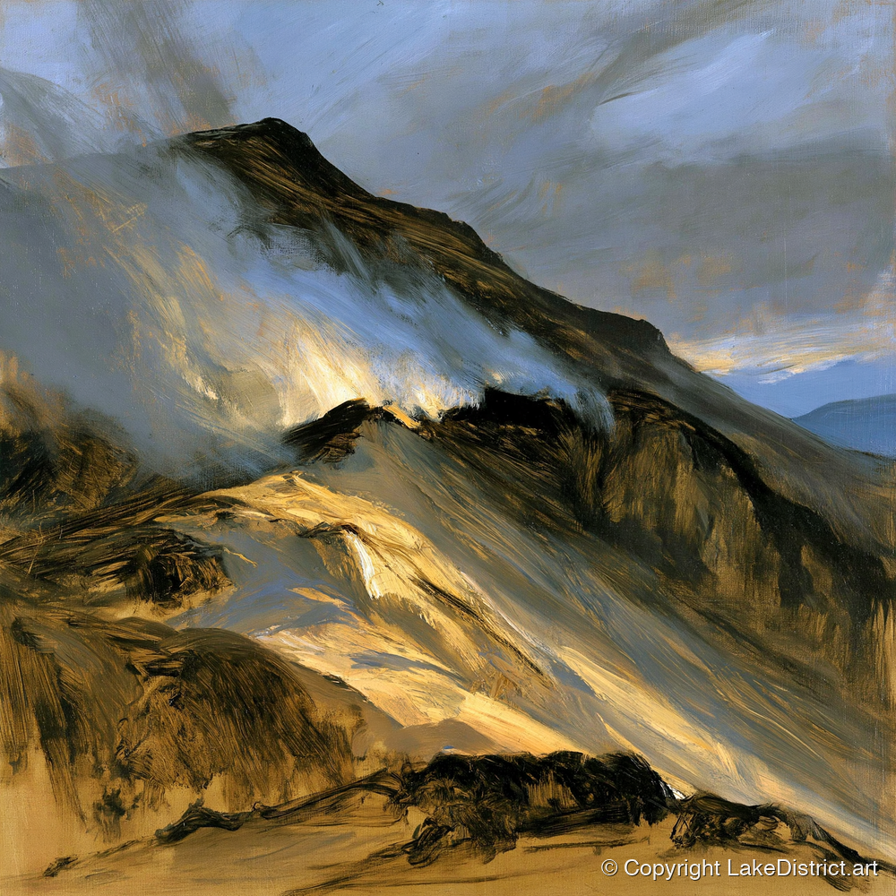 Sunlit Mountain Ridge in Mist - lake district fell art print and canvas by Samuel Pembroke A.I
